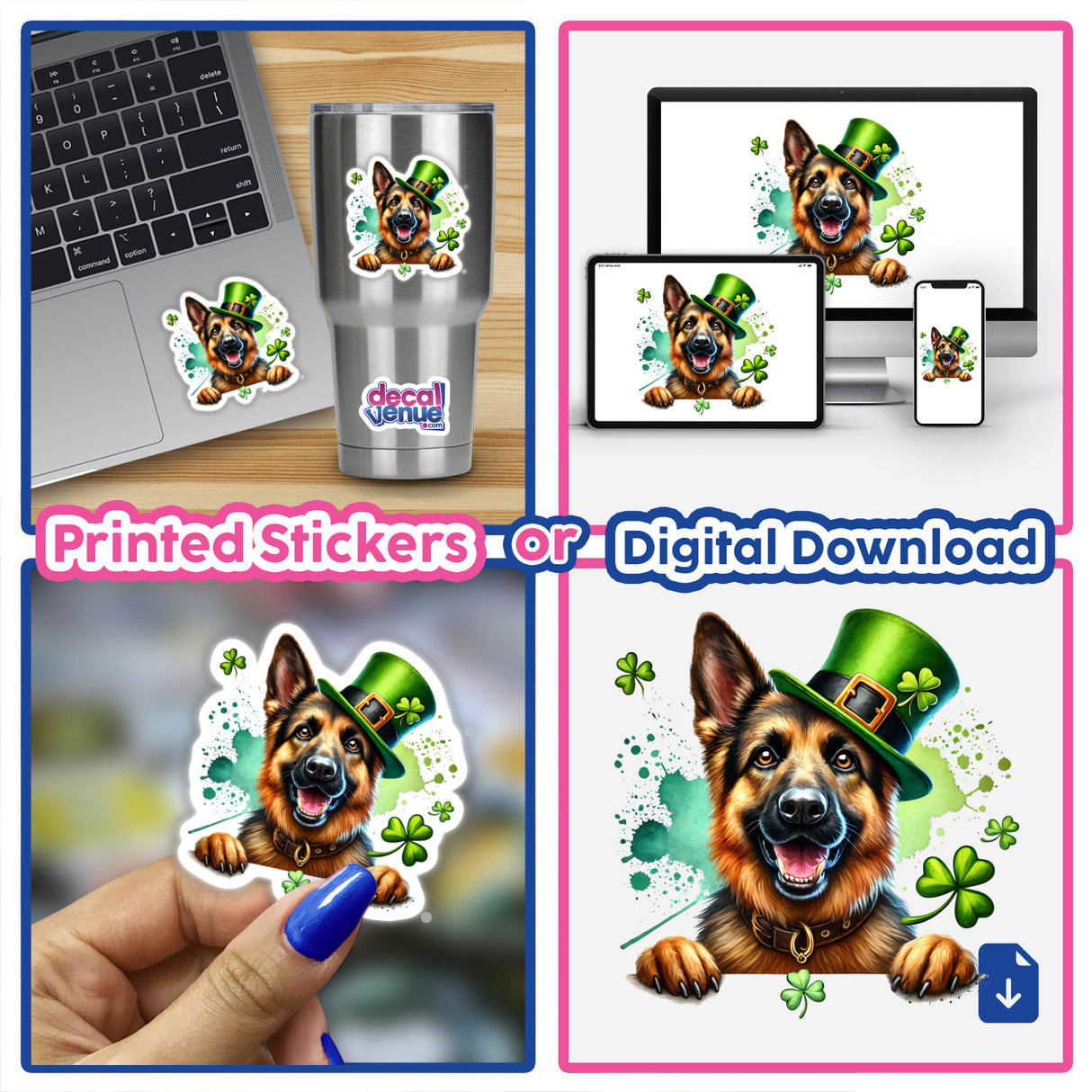 Happy St Patrick's Day Irish German Shepherd sticker featuring a collage of laptops adorned with a playful dog wearing a green hat. Available as stickers or digital artwork from Decal Venue.