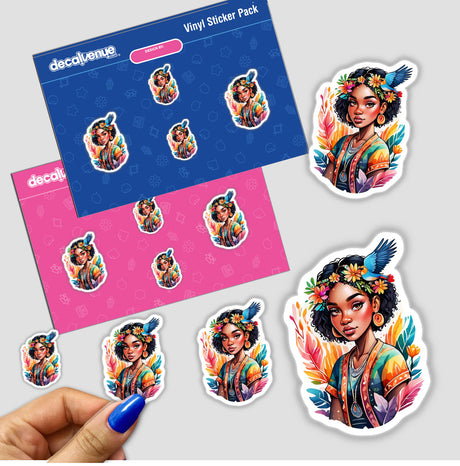 Boho Chic Afro Woman: Free-Spirited Wanderer Sticker featuring a cartoon woman with flowers in her hair, held by a hand with blue nail polish.