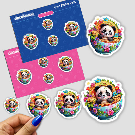 Panda Noodle Bowl stickers featuring a cartoon panda sitting in a bowl of noodles. Available as physical stickers or digital artwork.