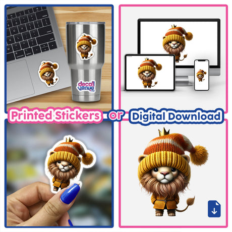 Adorable digital artwork of a lion gnome with a tiny crown, available as printed stickers or digital downloads from Decal Venue's store, featuring the cute and whimsical character in various product mockups.