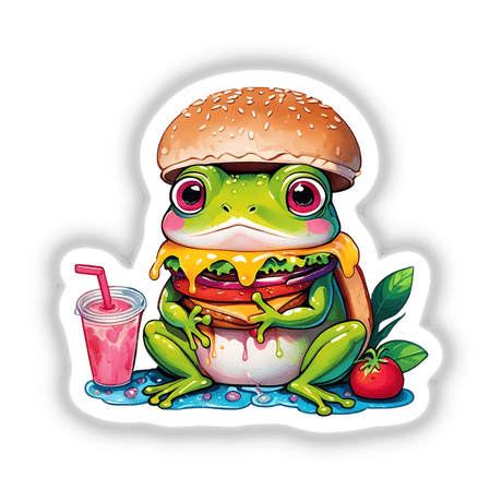 Cartoon frog holding a burger and a pink drink, titled Froggie Burger Delight, available as stickers or digital artwork.