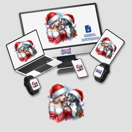 Santa Christmas Lady Loves Her Pitbull Dog II: A digital artwork showing a woman in a Santa hat holding a dog, visible on a laptop and monitor, available as stickers or digital art.