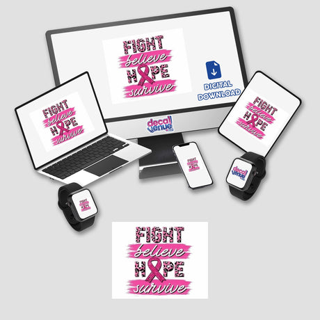 Gold Breast Cancer Series 12 featuring a computer monitor and laptop displaying pink text, available as stickers or digital artwork.