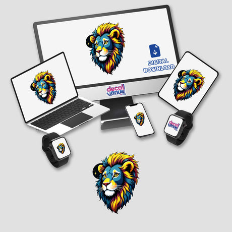 A Colorful Lion Head displayed on a computer monitor and laptop, representing unique digital artwork available as stickers or digital downloads from Decal Venue.