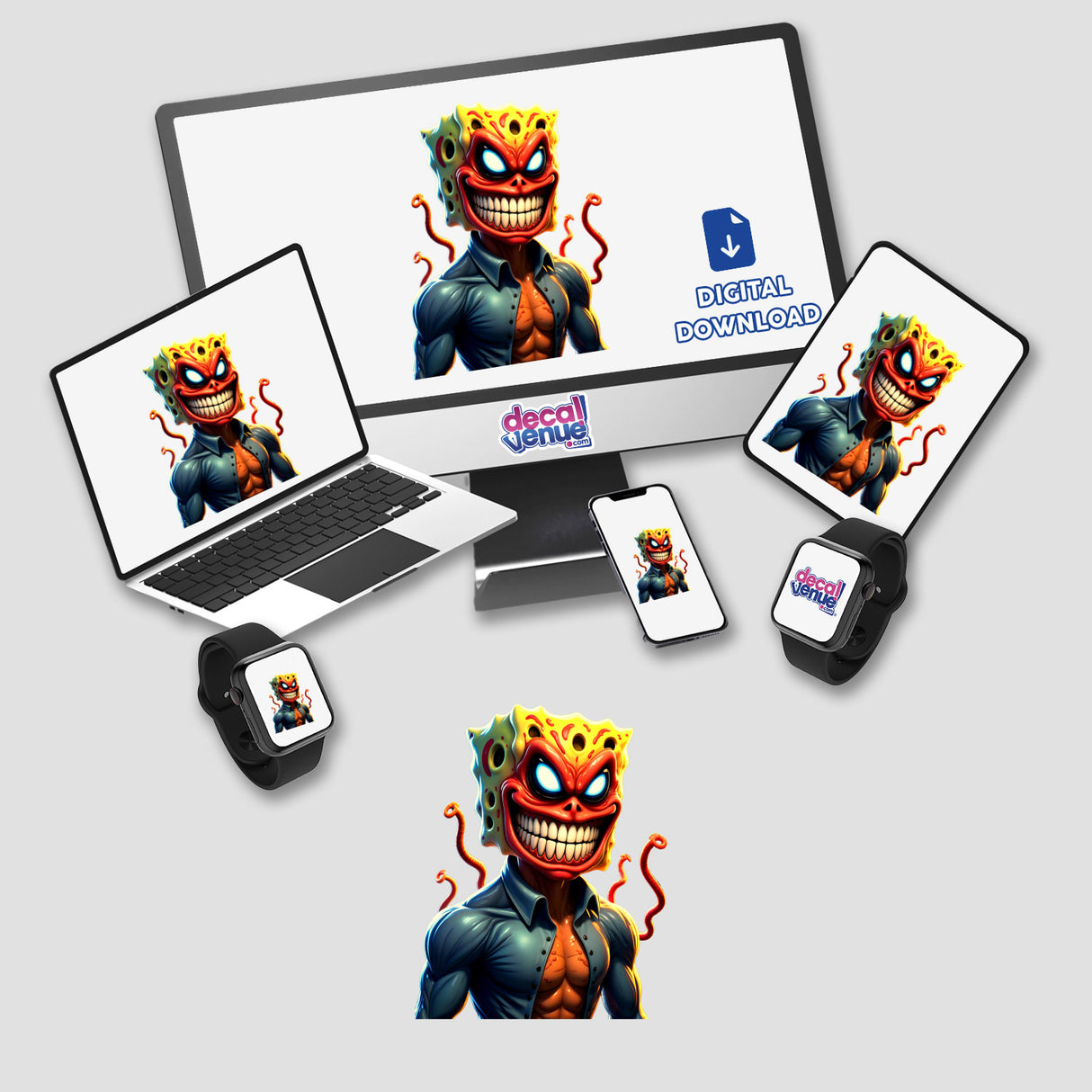 Alien Mutant Superhero Villain stickers or digital artwork displayed on a computer monitor and laptop, showcasing cartoon characters with distinctive features like a sponge head and tentacles.