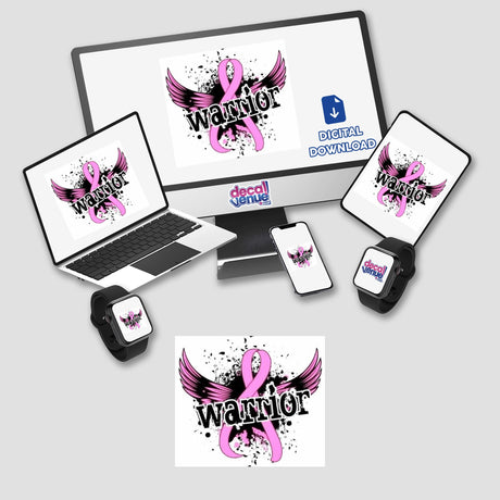 Gold Breast Cancer Series 19: A computer monitor, laptop, tablet, and smartwatch display pink ribbons with wings, symbolizing breast cancer awareness, available as stickers or digital artwork.