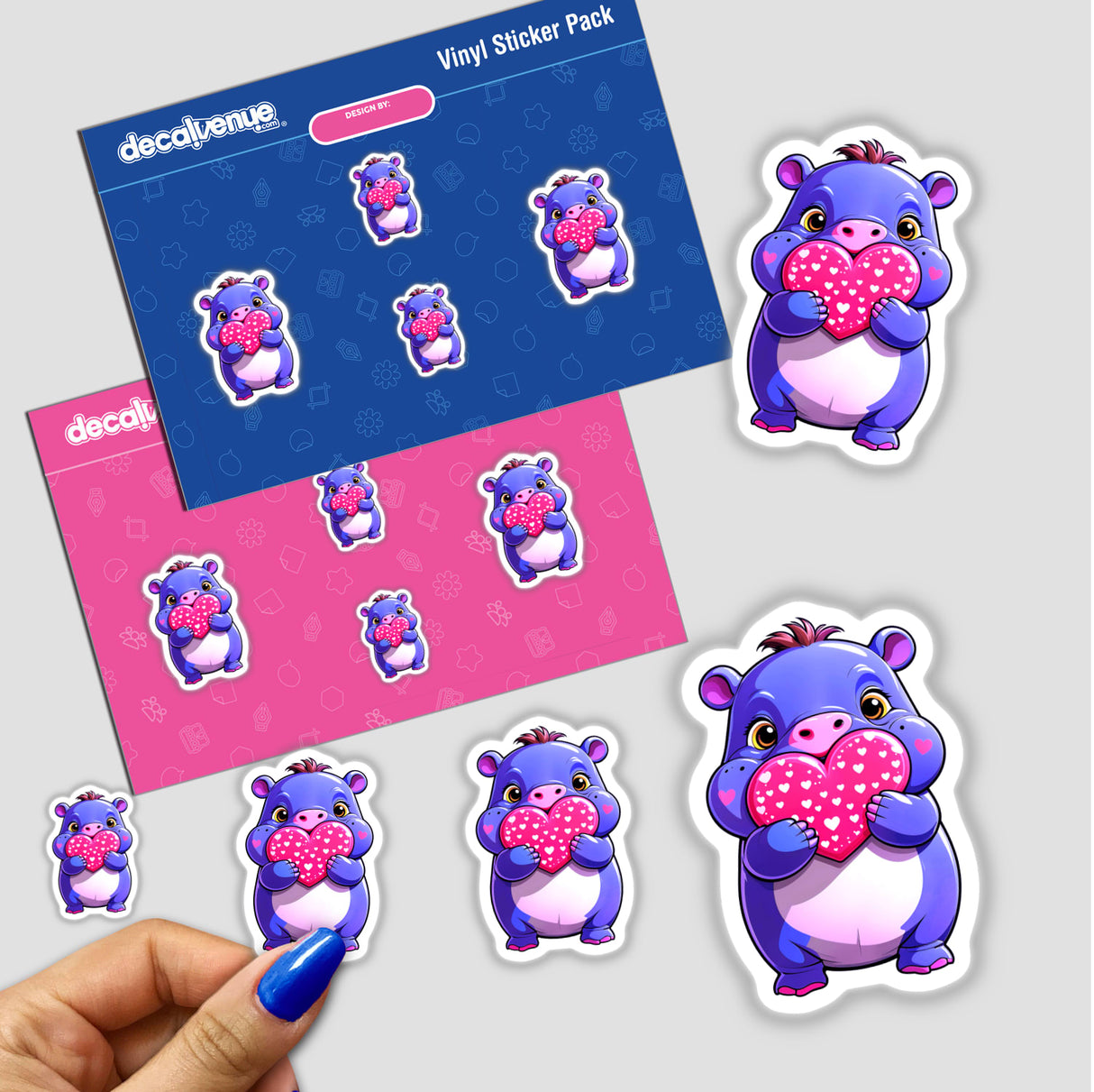 A Cute Pygmy Hippo With Love Hearts sticker pack featuring multiple cartoon hippos holding hearts, showcasing Decal Venue's unique sticker and digital art offerings.