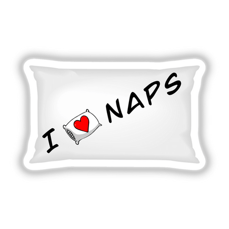 White pillow featuring a red heart and bold black text that reads I Love Naps, available as stickers or digital artwork from Decal Venue, specializing in unique vinyl designs.