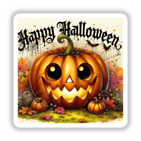 Bronze Halloween Series 7: Cartoon pumpkin with a smile, spider webs, and bats. Available as stickers or digital artwork from Decal Venue.