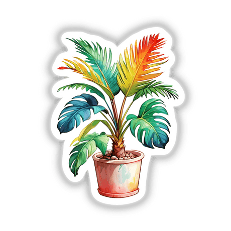 Palm Tree in Pot Sticker | Retro Design with Vintage Color Palette features a vibrant potted palm tree, ideal for adding a unique, nostalgic touch to any space. Available as stickers or digital artwork.