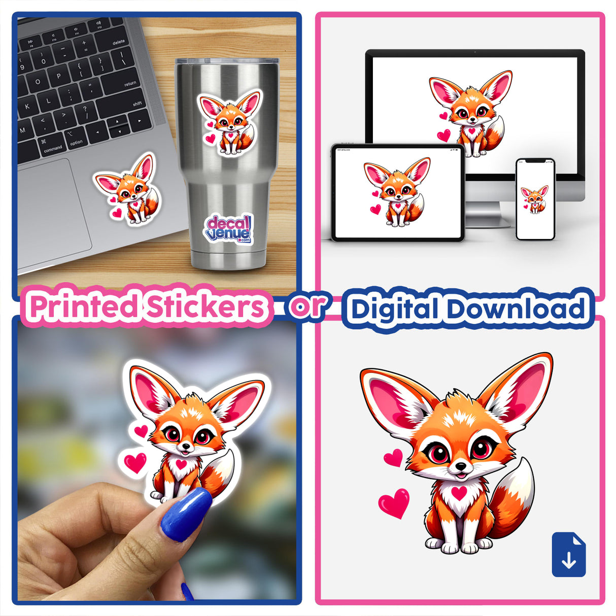 A Cute Fennec Fox With Love Hearts depicted as stickers and digital artwork, featuring a cartoon fox surrounded by hearts, ideal for decorating laptops or cups.