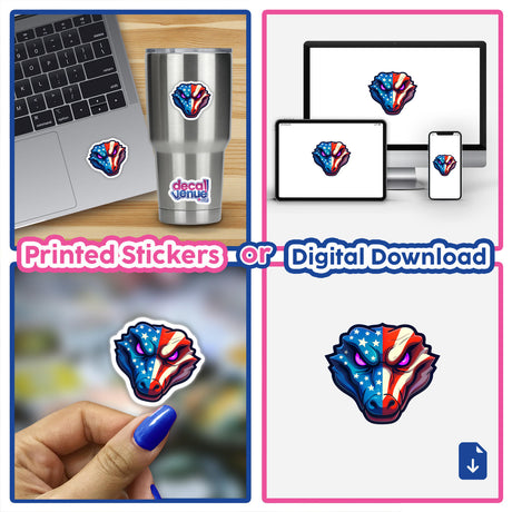 A collage featuring a laptop adorned with A Cool American Flag Alligator sticker, showcasing the unique, cartoon-style design available as stickers or digital artwork from Decal Venue.