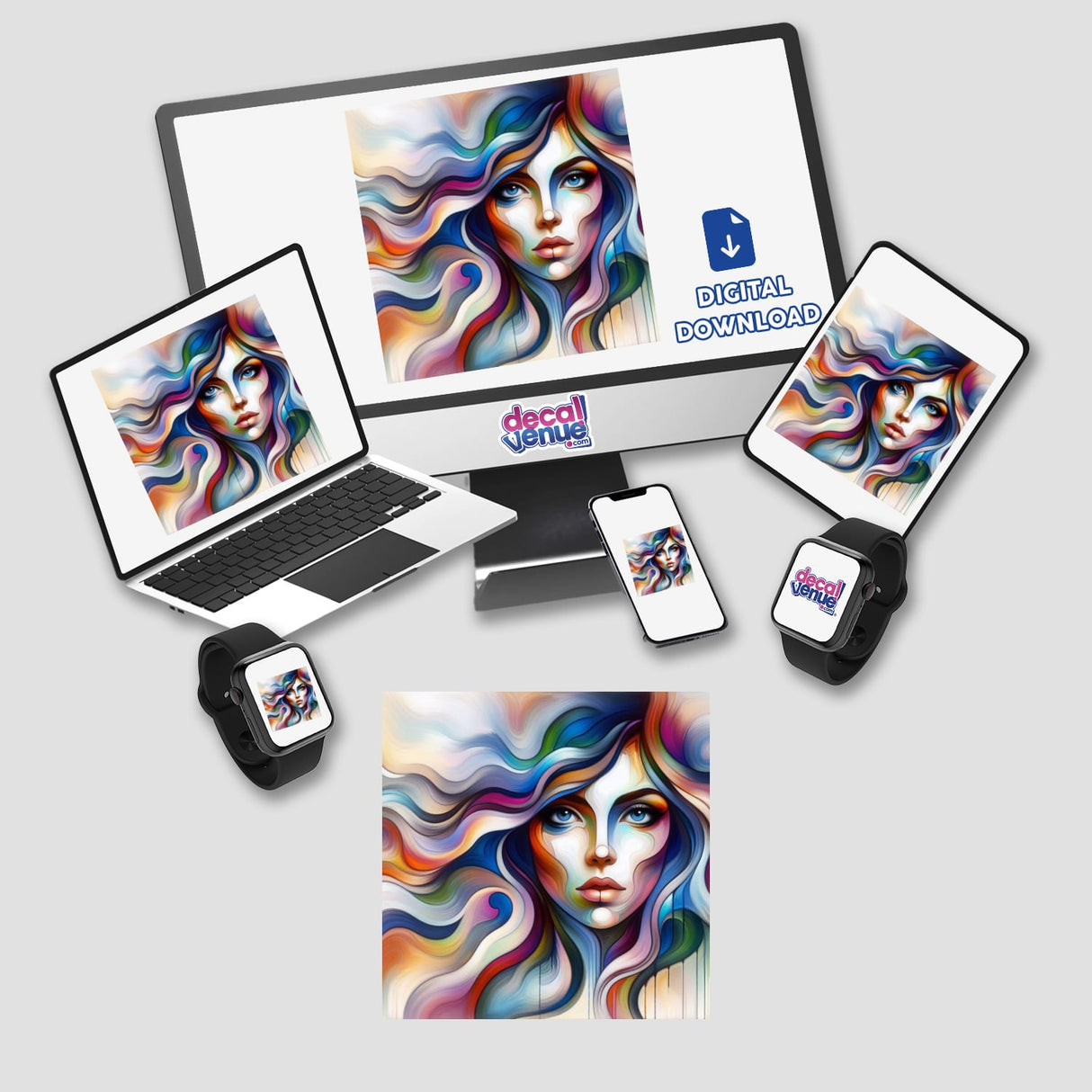 Multi color woman digital artwork displayed on a computer monitor and laptop, featuring vibrant, intricate design. Available as stickers or digital art from Decal Venue.