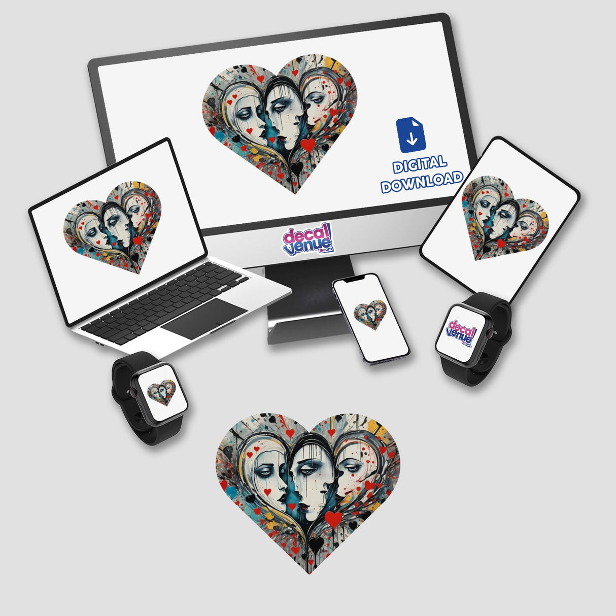 Abstract People in Love Heart Shaped artwork displayed on a laptop, phone, tablet, and smartwatch screens, available as stickers or digital art from Decal Venue.