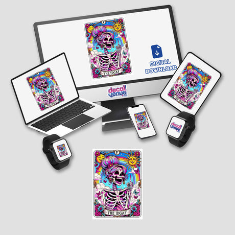 Sarcastic Quotes Series 12 digital artwork displayed on a computer monitor, laptop, tablet, and smartwatch, showcasing a skeleton with a rainbow and sun. Available as stickers or digital artwork.