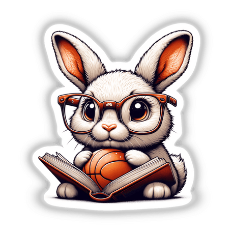 Bunny Rabbit in Reading Glasses with Open Book and Basketball, a whimsical illustration blending intellect and playfulness, perfect for stickers and digital formats from Decal Venue.