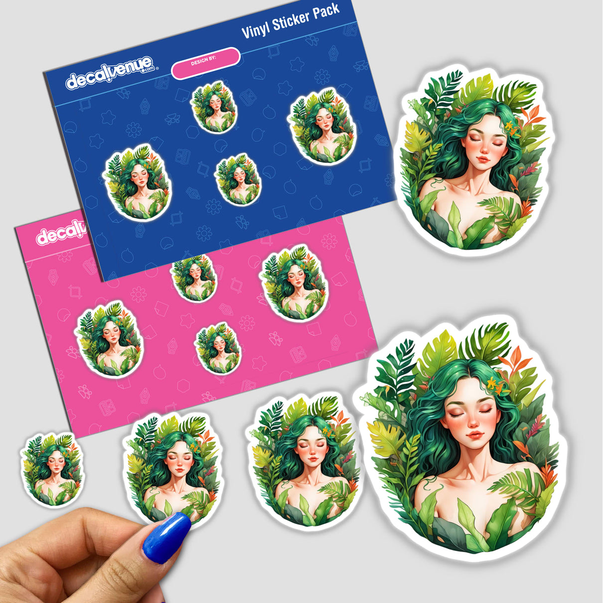 Stickers or digital artwork titled Woman Resting in a Lush Tropical Embrace of Greenery, featuring a woman with green hair surrounded by leaves.