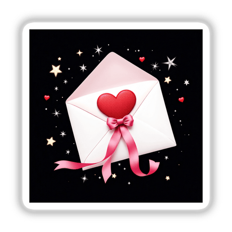 White Envelope with Red Heart Seal and Pink Ribbon, available as stickers or digital artwork from Decal Venue, showcasing a heart motif adorned with a decorative pink bow. Perfect for Valentine's Day themes.