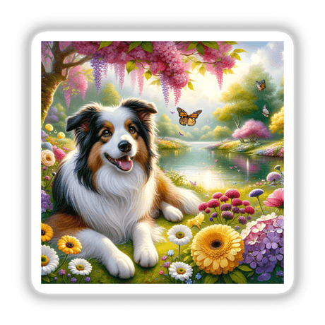 Border Collie by a Tranquil Lake Watercolor Illustration featuring a dog lounging in a lush garden with vibrant flowers and butterflies, available as stickers or digital artwork.