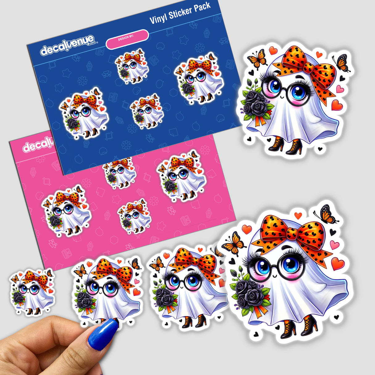 Cute Ghost with Orange Bow sticker pack held in hand, featuring various cartoon characters and designs, ideal for unique stickers and digital art enthusiasts.