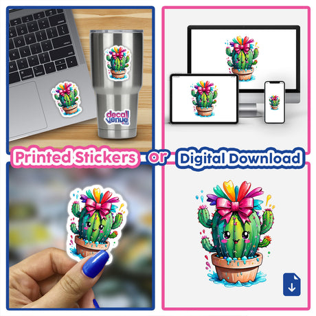 Happy Cactus stickers and digital downloads, featuring a cute cartoon cactus with a bow, displayed on a laptop, cup, and as individual stickers, available from Decal Venue.