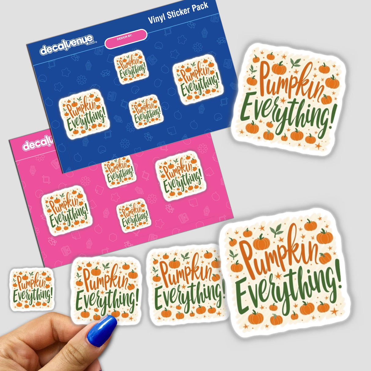 Pumpkin Everything! Fall Sticker; a hand holds a festive sticker featuring pumpkins and text, embodying Decal Venue's unique autumn-themed clipart with commercial rights.