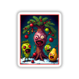 Zombie Fruit Holidays card featuring cartoon characters like a green monster and a cartoon pear, available as stickers or digital artwork from Decal Venue.