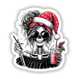 Christmas Santa Skeleton Mama: A skeleton wearing a Santa hat and sunglasses, holding a drink, illustrated in a cartoon style. Available as stickers or digital artwork.