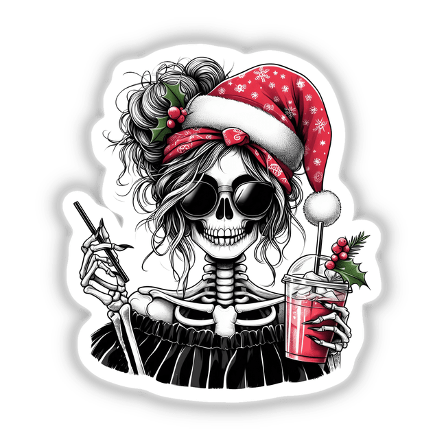 Christmas Santa Skeleton Mama: A skeleton wearing a Santa hat and sunglasses, holding a drink, illustrated in a cartoon style. Available as stickers or digital artwork.