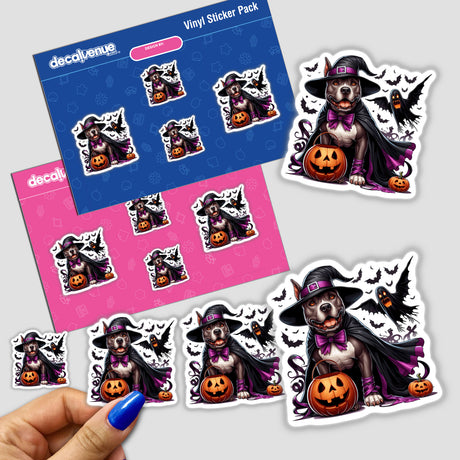 Halloween Witch Pitbull Dog sticker featuring a cartoon dog in a witch hat, cape, and pumpkins. Available as stickers or digital artwork.