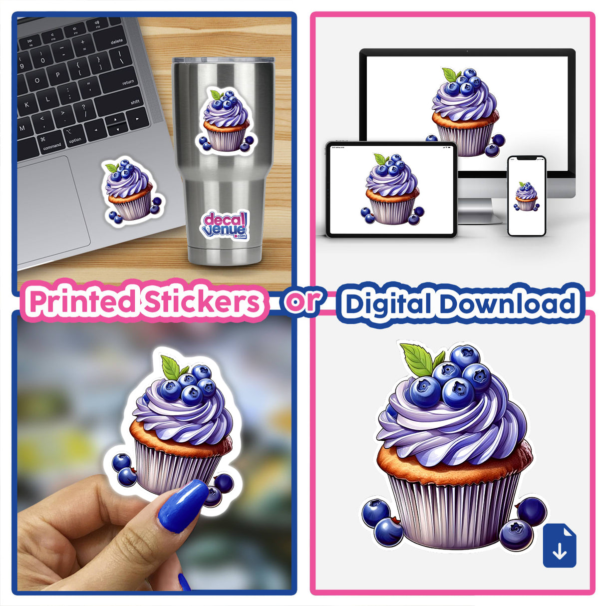 Illustrated blueberry cupcake digital artwork featured on various products, including a laptop, phone, and sticker.