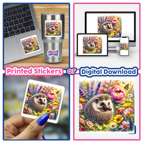 Hedgehog in a Garden Watercolor Illustration featuring a hedgehog amidst vibrant flowers, available as stickers or digital artwork. Includes collage elements of a hedgehog and floral accents.