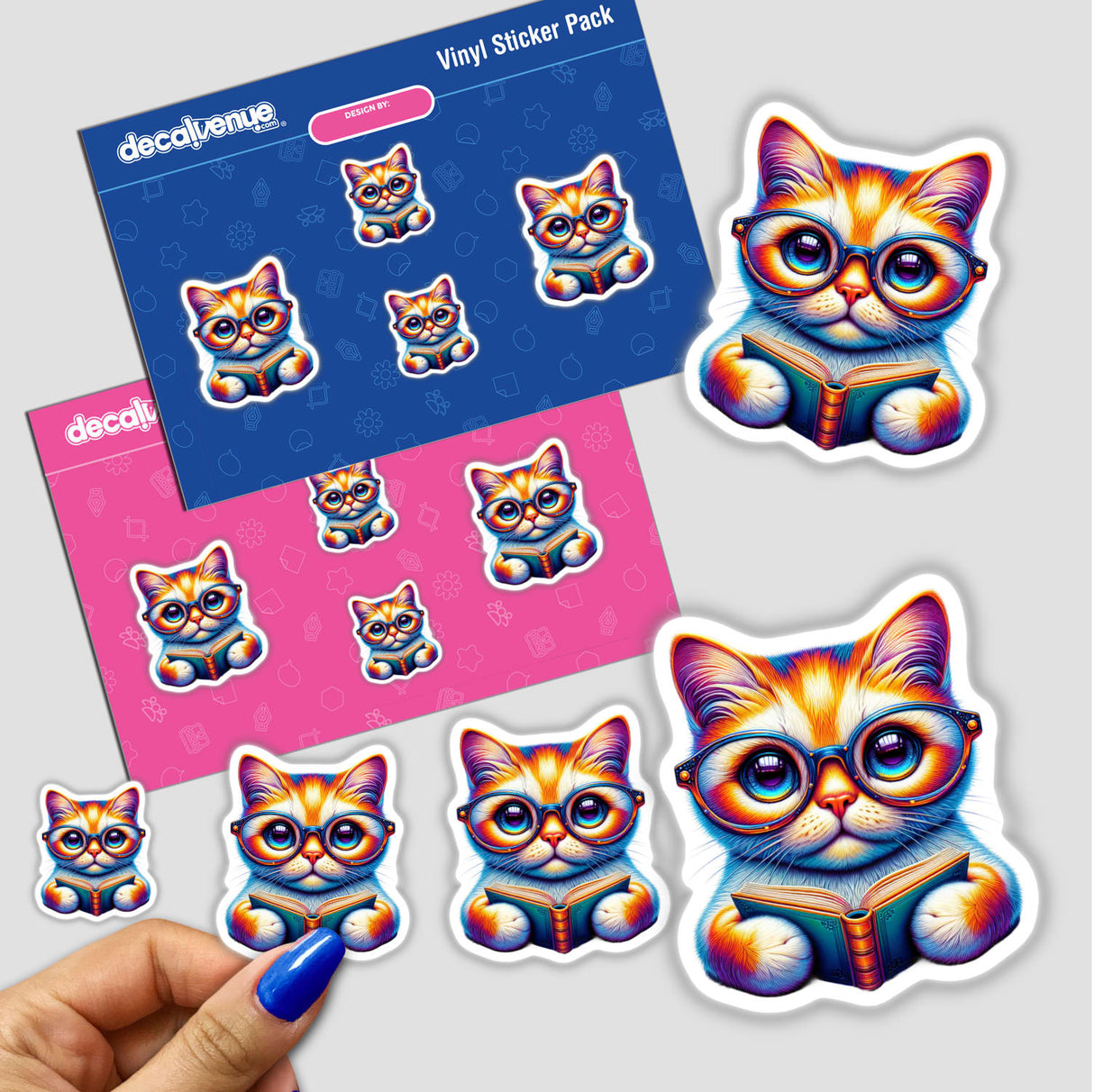 Sticker featuring a cartoon cat with reading glasses, engrossed in an open book, available as Cat With Reading Glasses Open Book at Decal Venue, specializing in unique vinyl stickers and digital art.