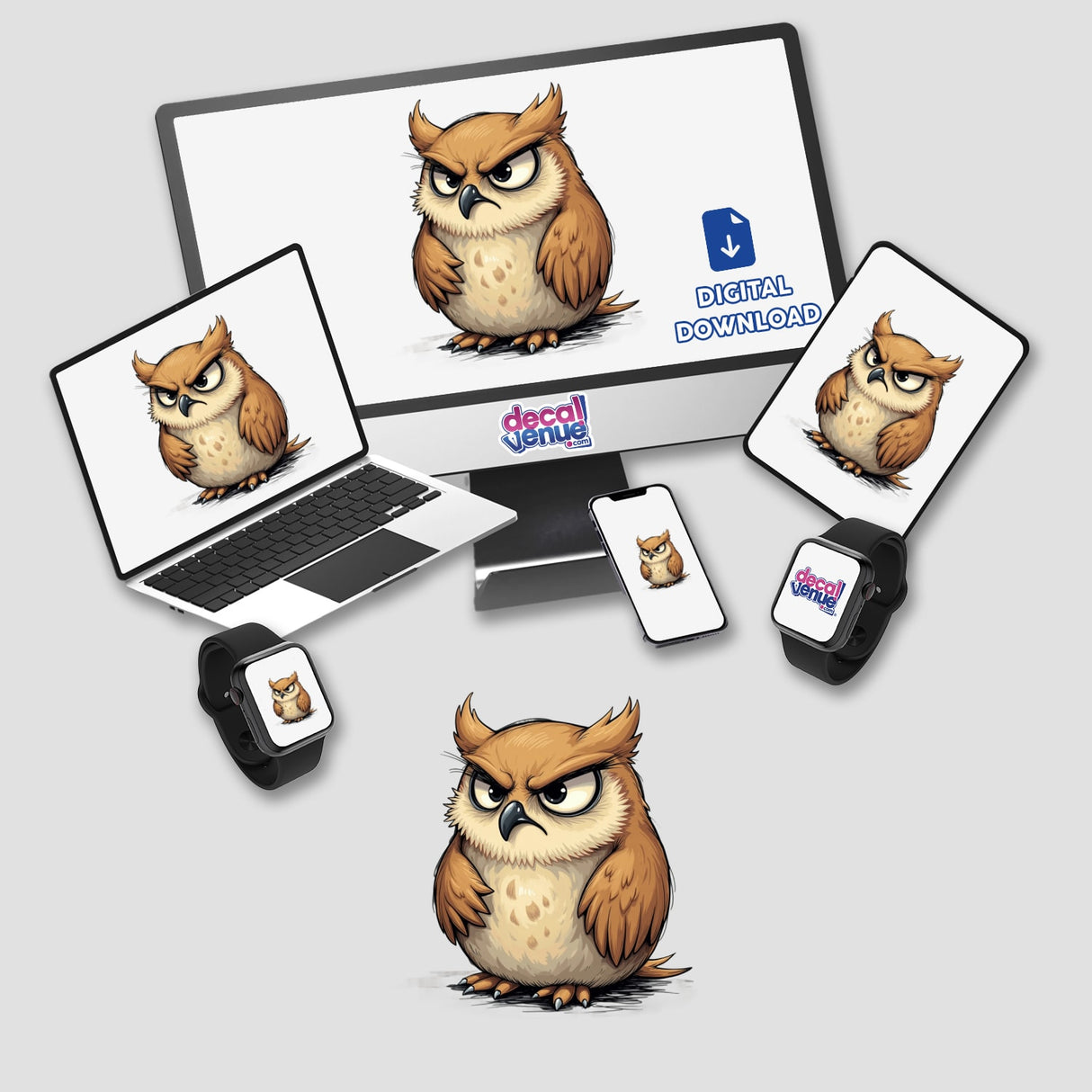 Cute Grumpy Owl displayed on a computer monitor and laptop, showcasing the unique sticker or digital artwork options from Decal Venue.