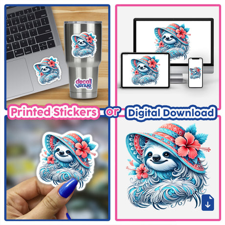 Sloth wearing hibiscus flower hat, digital artwork with multiple product placements including a laptop, digital devices, and a metal drink tumbler with the Decal Venue logo.