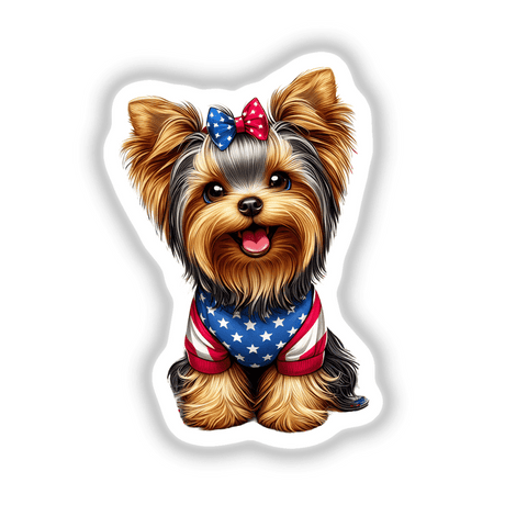 Patriotic 4th of July Yorkie Dog, adorable digital artwork with a smiling dog wearing a red, white, and blue bandana.