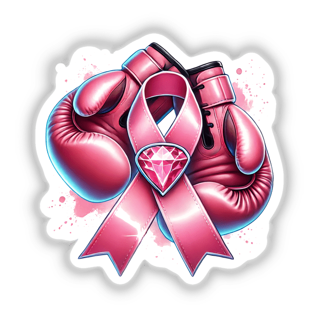 Pink Breast Cancer Ribbon and Gloves design available as stickers or digital artwork, featuring pink boxing gloves intertwined with a pink ribbon, symbolizing strength and awareness.