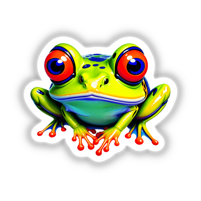 A Colorful Jungle Frog with striking red eyes, available as stickers or digital artwork, perfectly embodies Decal Venue's unique style in vibrant cartoonish design.