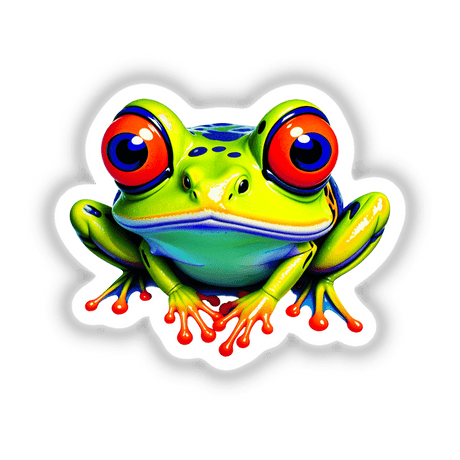 A Colorful Jungle Frog with striking red eyes, available as stickers or digital artwork, perfectly embodies Decal Venue's unique style in vibrant cartoonish design.