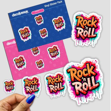 Rock 'n Roll Graffiti Art stickers featuring vibrant designs and bold text, available as physical stickers or digital artwork, showcasing a unique blend of artistic flair from Decal Venue.