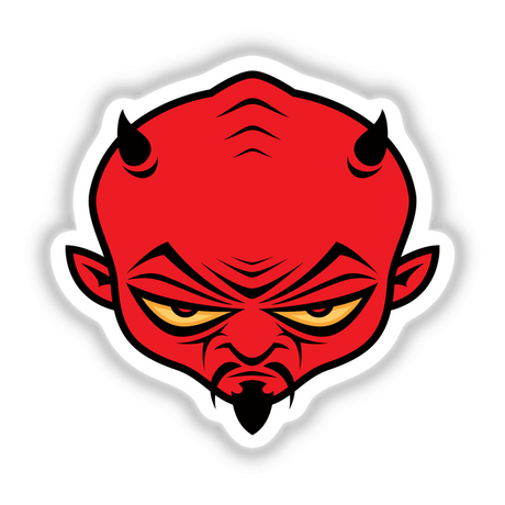 Devil Dude sticker featuring a cartoonish red face with horns and yellow eyes, available as part of a sticker pack or individually.