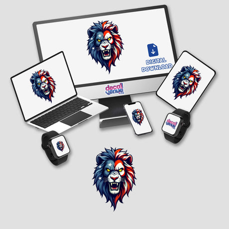 A Cool American Flag Lion displayed on a computer monitor and laptop screen, showcasing its striking design, available as stickers or digital artwork from Decal Venue.