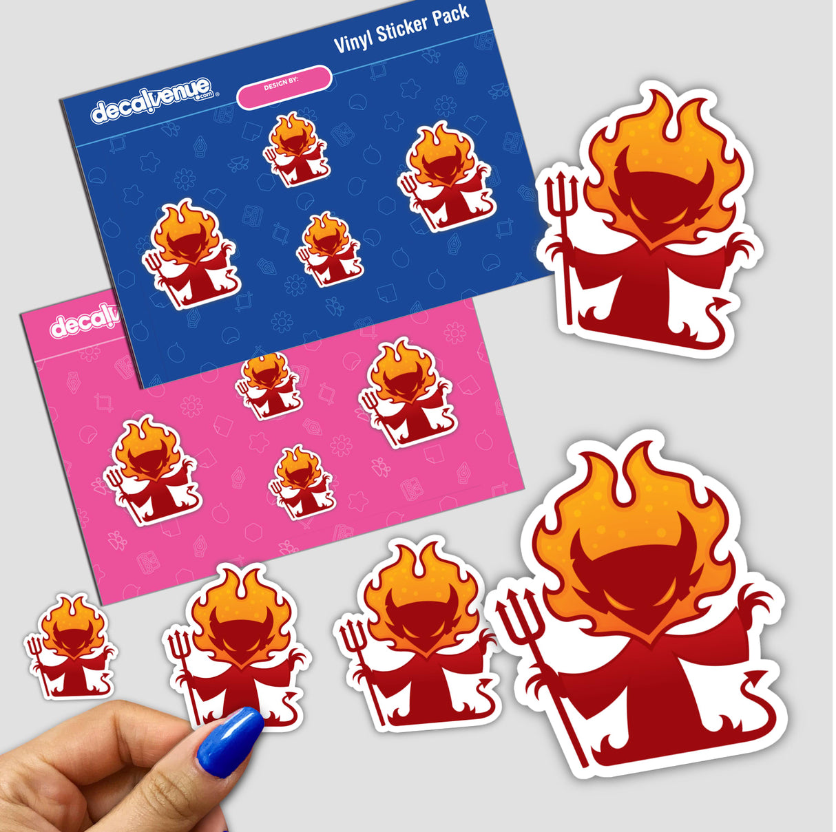 I'm The Devil sticker set featuring cartoon devils with flame motifs, suitable for personalizing surfaces.