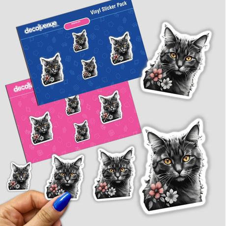 Cat Portrait Floral Accents PA09 stickers featuring cats adorned with floral headpieces and chests, available as stickers or digital artwork from Decal Venue.