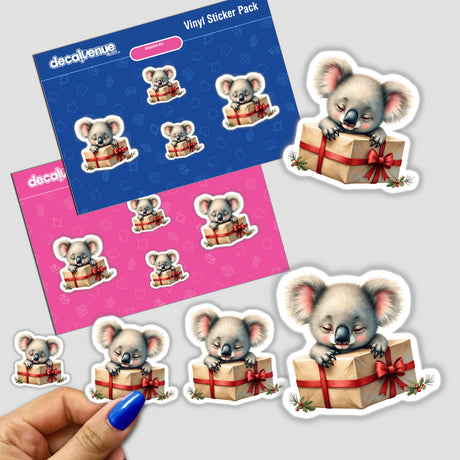 Baby Koala Sleeping on Christmas Present Box stickers featuring adorable koalas with gifts, available as physical stickers or digital artwork from Decal Venue. Perfect for adding charm to holiday decorations.