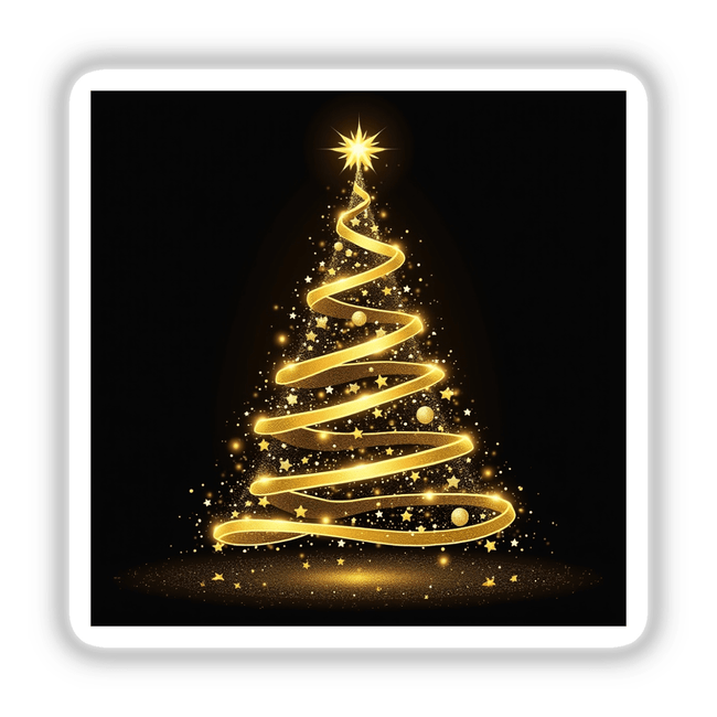 Gold Christmas Tree made of lights. Available as stickers or digital artwork, showcasing a spiral design with stars and dots. Perfect for festive decoration from Decal Venue's unique collection.