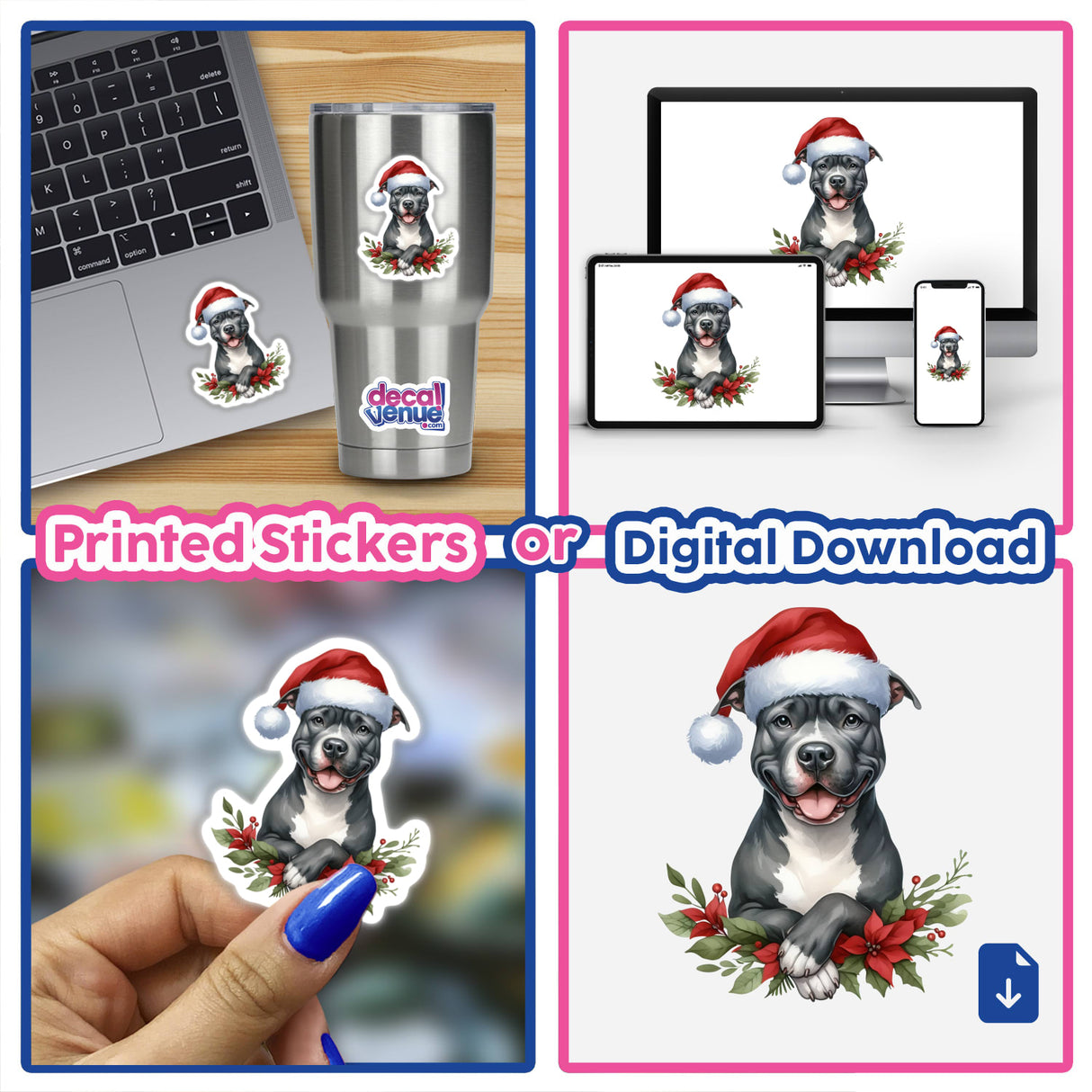 Poinsettia Pitbull Santa Dog sticker collage featuring playful depictions of a pitbull wearing a Santa hat, ideal for laptops, cups, and more from Decal Venue's unique sticker collection.