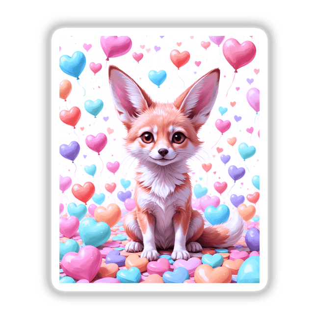 A Cute Fennec Fox With Love Hearts, featuring a fox nestled among heart-shaped balloons, perfect as stickers or digital artwork from Decal Venue's unique collection.