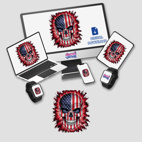 Patriotic American flag skull digital artwork by Ella Designz, featured on various electronic devices displayed in the image, including a computer, laptop, smartphone, and smartwatch.