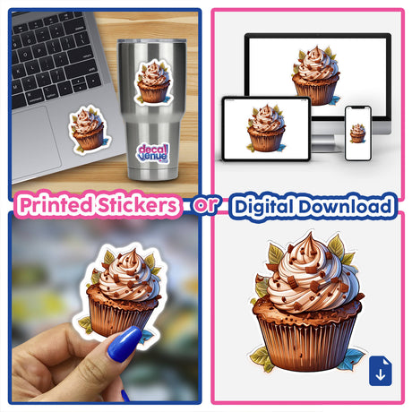 Detailed illustration of delicious chocolate cupcake with cream topping, available as printed stickers or digital download on Decal Venue's Shopify store.